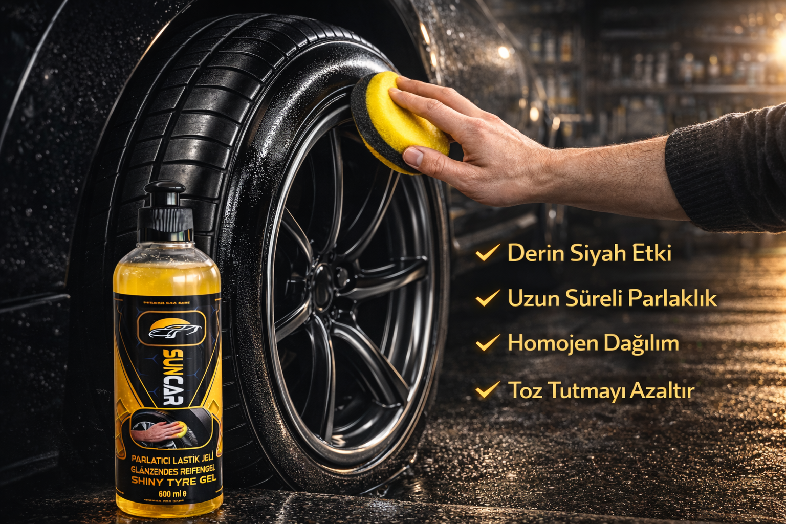 SUNCAR LASTİK PARLATICI JEL 600 ML + LASTİK PARLATMA FIRÇASI - Görsel 5