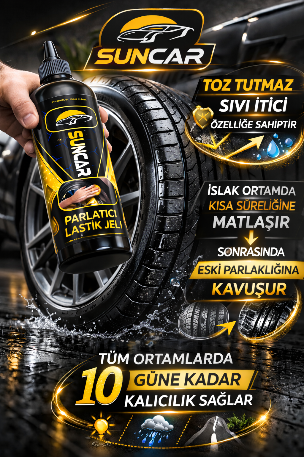 SUNCAR LASTİK PARLATICI JEL VIP 600 ML + VIP LASTİK PARLATMA FIRÇASI - Görsel 4