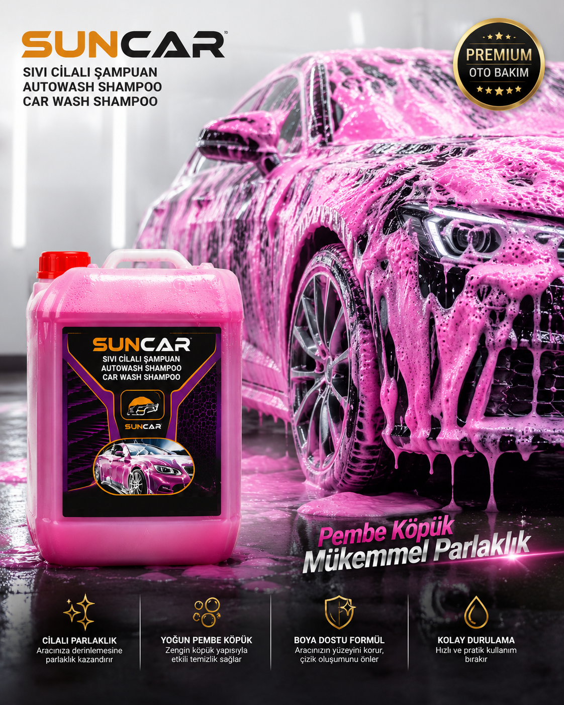 SUNCAR PEMBE KÖPÜK CİLALI ŞAMPUAN 5 LT + BASINÇLI KÖPÜK POMPASI 2 LT HEDİYELİ